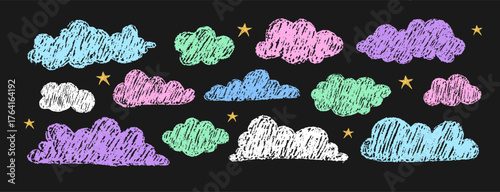 Soft crayon clouds in pastel colors. Dreamy childish sky illustrations for nursery or birthday invites. Vector illustration.