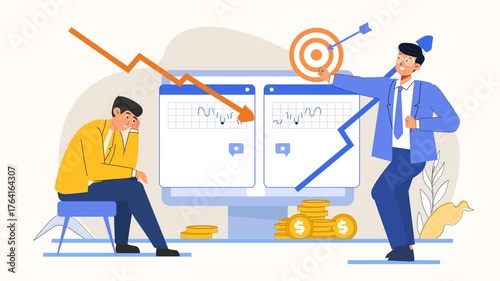 Business Showdown Downtrend Challenge and Upward Growth With Targeted Strategy and Money Symbols