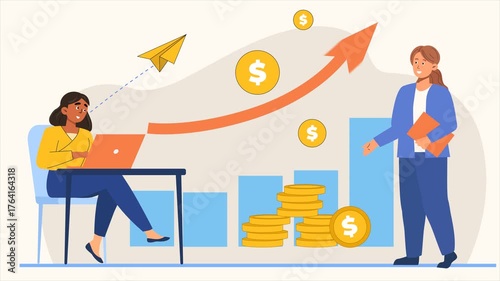 Business Growth Scene With Women, Charts, And Money Icons Highlighting Financial Success