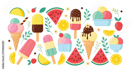 Colorful ice cream and fruit summer treats for enjoyment.