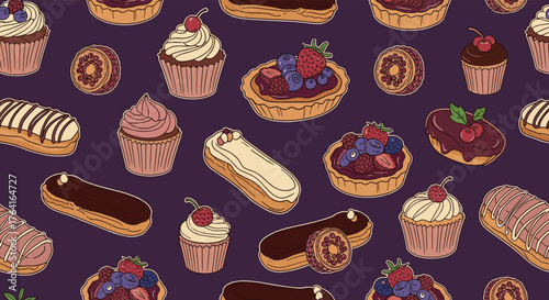 Delicious pastries and desserts on a purple background a sweet treat.