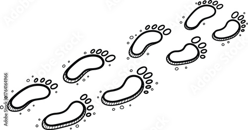 A series of cartoonish black and white footprint illustrations arranged diagonally across a transparent background