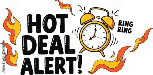 A cartoon image showing a ringing alarm clock with flames and the text hot deal alert around it, editable and saleable EPS