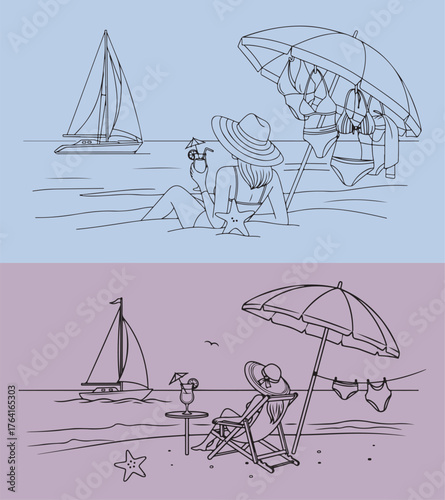 Summer Beach Scene Illustration Woman Relaxation Sailboat Seascape Vector Graphics