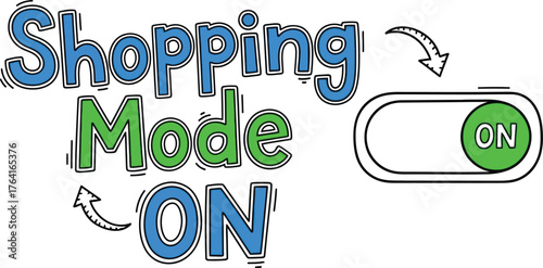 Shopping mode on text with toggle switch in the on position, isolated on a transparent background design