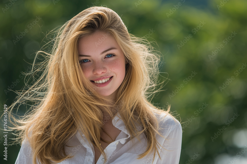 Naklejka premium A beautiful girl in her late teens with golden blonde hair and elegant shoulder-length hair, smiling, blue eyes, white silk shirt, outdoors. horizontal composition