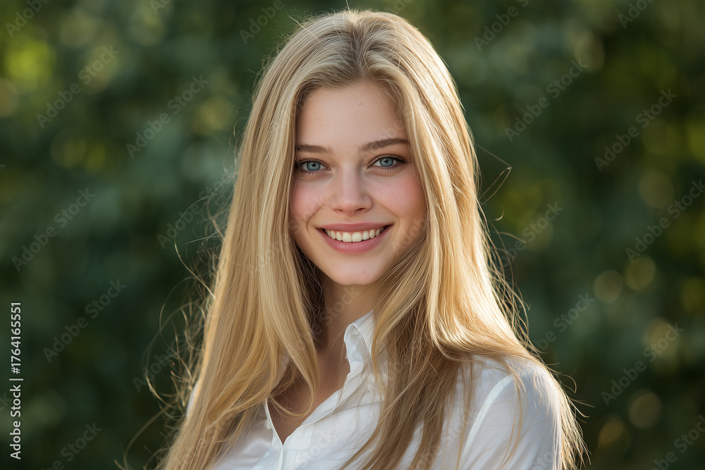 Naklejka premium A beautiful girl in her late teens with golden blonde hair and elegant shoulder-length hair, smiling, blue eyes, white silk shirt, outdoors. horizontal composition