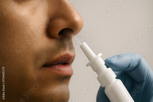 Photorealistic intranasal influenza vaccine (LAIV) use, adult patient tilting head slightly back, nasal spray applicator at one nostril with a fine atomized mist visible