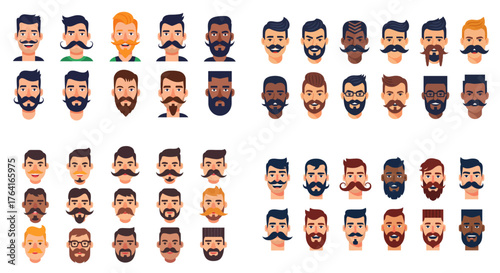 Flat Vector Movember Men Character Icon Set with Facial Hair Styles