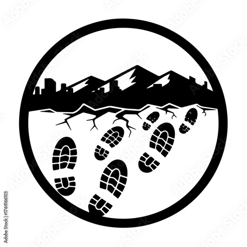 Peacekeeper's Path Through Conflict Icon: A stark black and white vector illustration depicting the difficult journey of peacekeepers. Multiple military boot prints mark the foreground