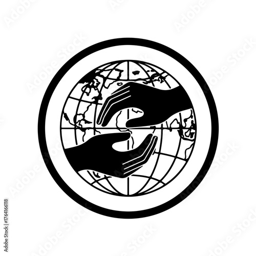 Global Peacekeeping Unity Icon: A powerful black and white line art vector graphic featuring the outline of the world map (globe) with two hands centrally positioned, symbolizing unity