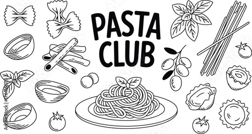 Hand drawn pasta club illustration featuring various pasta shapes and ingredients