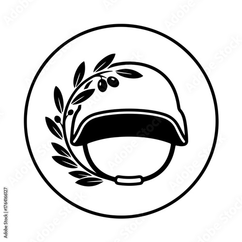 UN Blue Helmet Peace Symbol Icon: A detailed black and white line art illustration uniting the two global symbols of security and resolution: the distinctive shape of the UN Peacekeeper's helmet