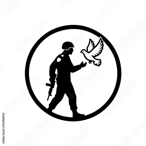 Peacekeeper Silhouette and Dove Icon: A striking black and white silhouette contrasting the steadfast figure of a soldier or police peacekeeper, depicted in a vigilant or walking pose