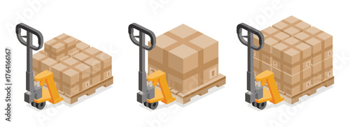 Yellow pallet truck with stacked cardboard boxes on wooden pallets. Warehouse logistics and cargo transportation concept. Isometric vector illustration.