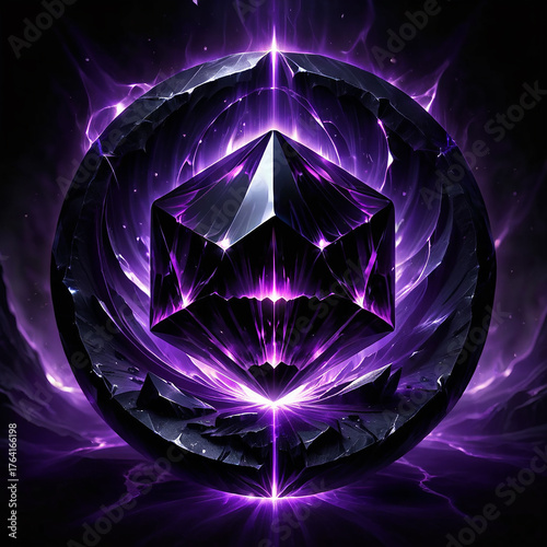 Radiant purple crystal emitting energy surrounded by swirling dark mist, illuminated patterns radiating from the core, mystical aura, cosmic energy theme.