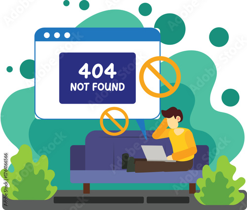 User facing 404 error page on laptop illustration