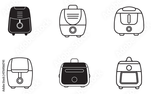 Air Fryer Vector Illustration Set Culinary Appliance Icon Collection Modern Kitchenware Design Elements and Outline Graphics Isolated on White