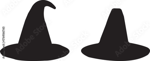 Two distinct pointy witch hats with wide brims are shown in a stark black silhouette against a white background 