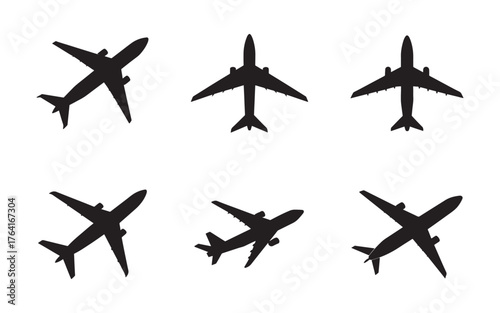 Airplane silhouettes diverse aviation aircraft variations different angles travel and transportation industry concept for logo or graphic design