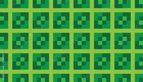 A seamless geometric pattern with pixel-style square blocks in shades of green and light green. The repeating arrangement creates a modern visual rhythm inspired by digital aesthetics.