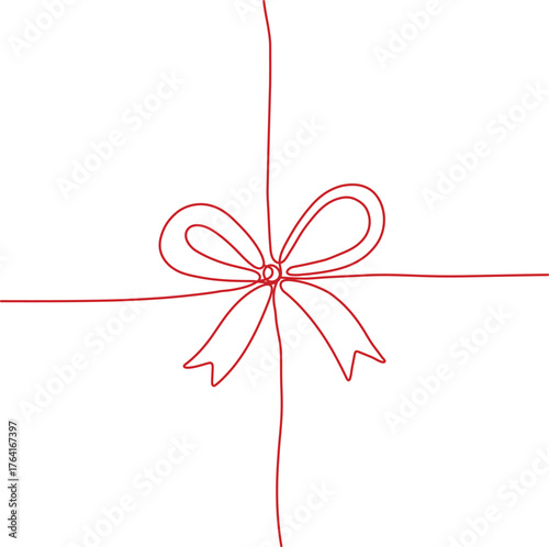 One line continuous drawing red gift bow vector,   christmas ribbon knot art.