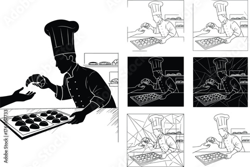 Chef offering freshly baked bread to customer in bakery, multiple artistic vector styles, minimalist, geometric abstract, silhouette, professional culinary illustration design