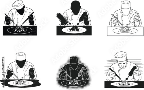 Chef silhouette illustration set, professional cook decorating gourmet meal, fine dining food plating, culinary art creativity, restaurant kitchen vector design for gastronomy and cuisine concepts