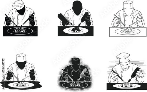 Chef silhouette illustration set, professional cook plating gourmet food, restaurant culinary art, fine dining preparation, kitchen creativity, vector artwork for gastronomy and cuisine concepts