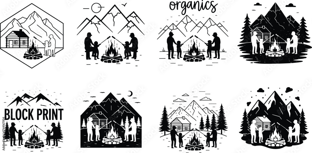 Obraz premium Family camping near mountain cabin with campfire, black and white vector illustration, outdoor adventure silhouette design, nature travel vacation, forest hiking art scene