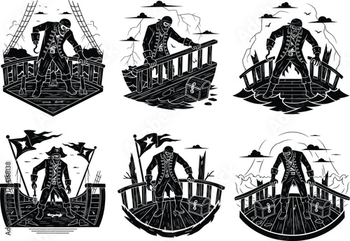 Pirate zombie silhouette illustration set, undead sailor on ship deck, spooky nautical horror theme, dark fantasy vector art, adventure, sea ghost, Halloween concept