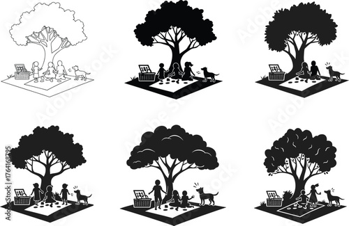 six different style illustration and white background, family picnic under tree silhouette vector, relaxing outdoor activity, leisure, nature and togetherness concept