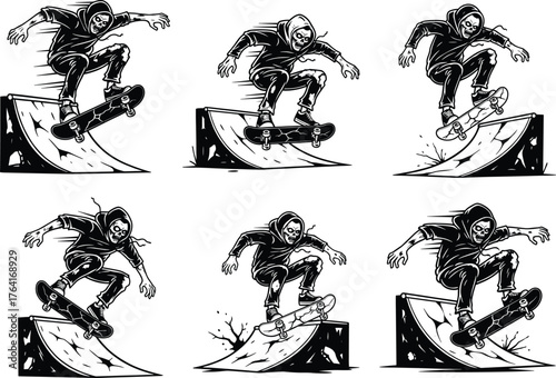 six different style illustration and white background, skeleton skateboarder silhouette vector, grim reaper skateboarding tricks, extreme sports art, urban street culture design, dark skate style