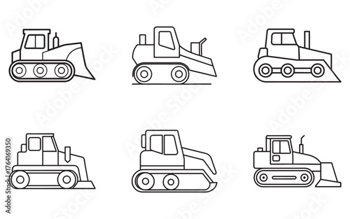 Bulldozer Outline Icons Set Construction Vehicle Illustration on White Background Different Types of Tractors