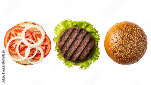 Top view of burger ingredients isolated on transparent background