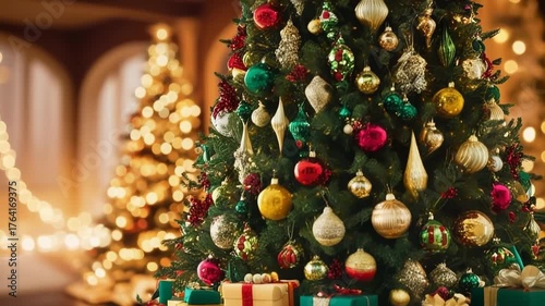 Beautiful decorated Christmas tree and many gifts under it in festive room interior. Lights in garland indoor. Xmas celebration at home concept. Card with copy space