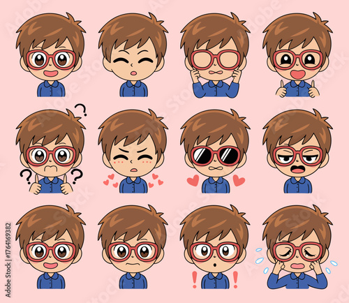 Collection of 12 Chibi-style cartoon characters with brown hair and glasses, displaying various emotions and expressions.