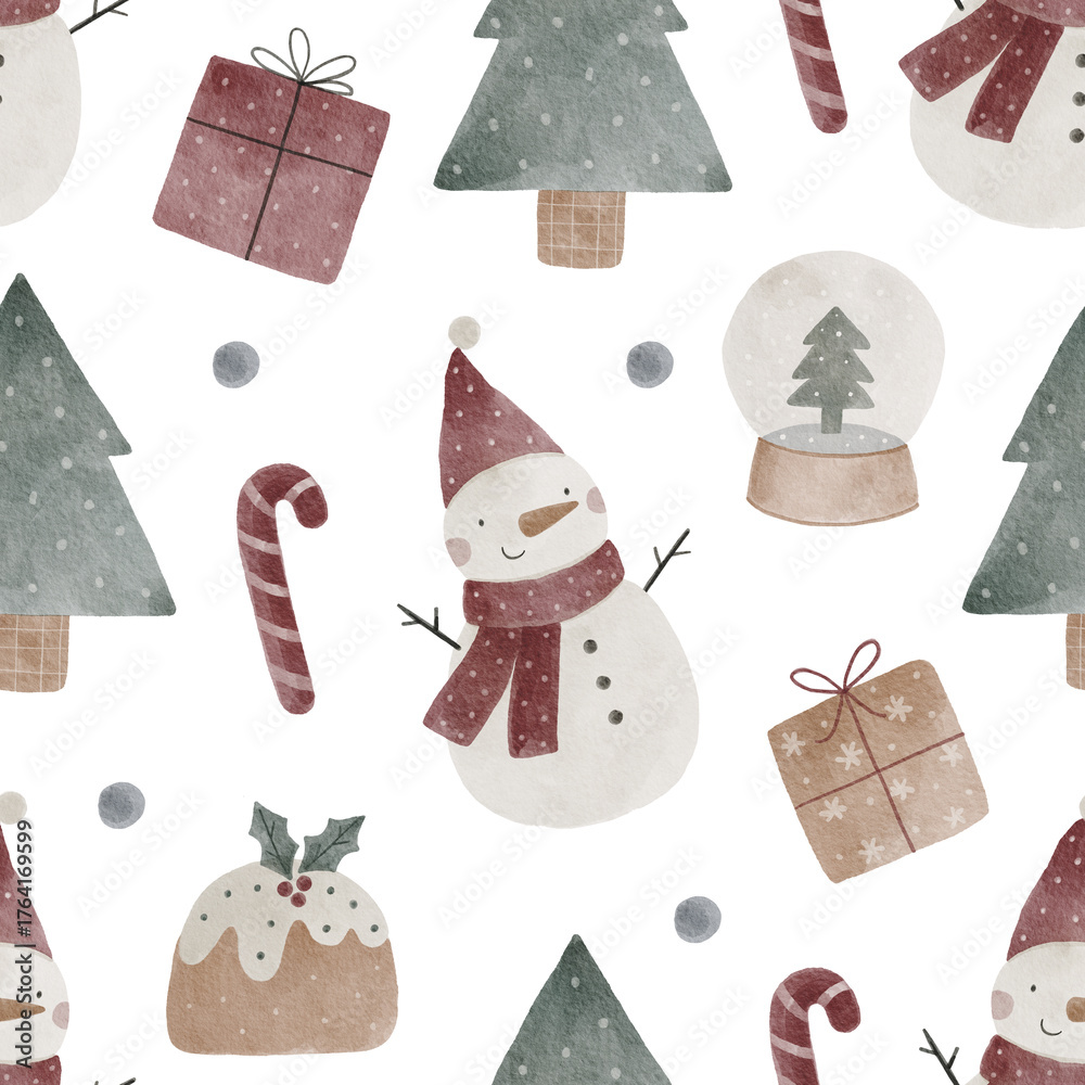 Fototapeta premium Cute watercolor Christmas gnomes. Christmas decorations and characters. Watercolor elements on a white background. Hand drawn new year seamless pattern