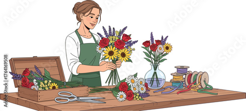 Talented florist creating vibrant bouquets with sunflowers, roses, and lavender for a special occasion with ribbons and vase