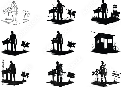 Zombie silhouette illustration set, undead characters with direction signs, horror survivor concept, apocalypse art design, isolated vector, dark night theme, cemetery mood