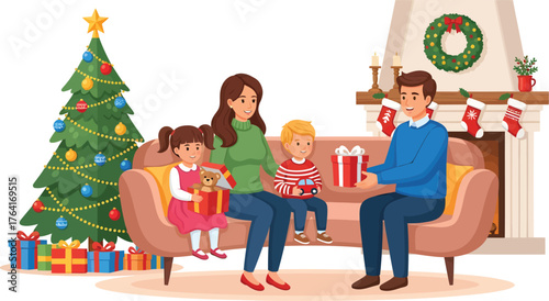 Joyful family exchanging Christmas gifts by the fireplace in cozy home decorated with tree and stockings creating holiday cheer