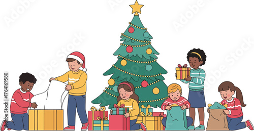 Delighted children opening vibrant Christmas presents under a festive tree on Christmas morning, creating heartwarming holiday memories
