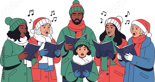 Heartwarming diverse group singing Christmas carols in winter coats spreading holiday cheer, perfect for festive season marketing and seasonal campaigns