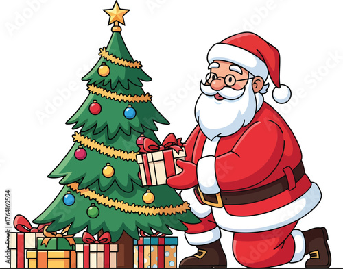 Santa Claus kneeling beside a festive Christmas tree placing presents for a joyful holiday season filled with cheer and giving