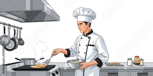 Professional chef expertly flips golden pancakes in a clean, modern restaurant kitchen ready for breakfast service, a delicious brunch