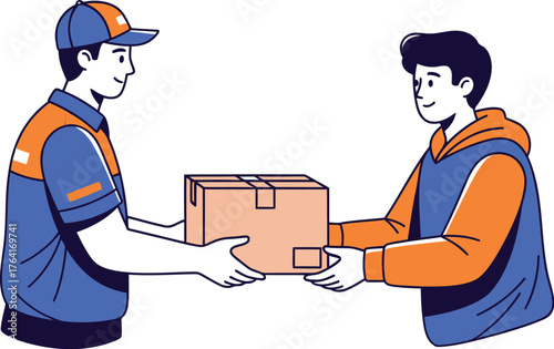 Friendly delivery person hands over a package to a smiling customer, signifying successful shipping and happy recipient