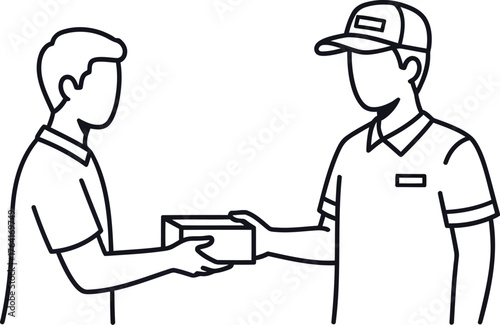 Professional delivery person hands package to customer, symbolizing efficient service and customer satisfaction.