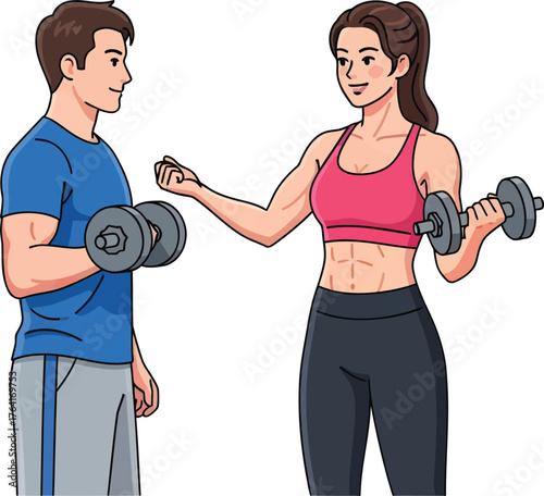 Energetic man and woman lifting dumbbells together, showcasing a healthy active lifestyle and fitness motivation