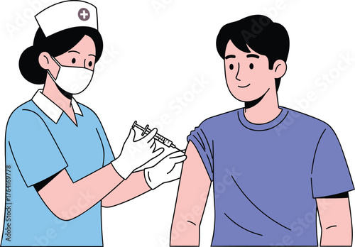 Caring nurse administers vital vaccine to smiling patient, promoting health and community well-being in a modern clinic setting