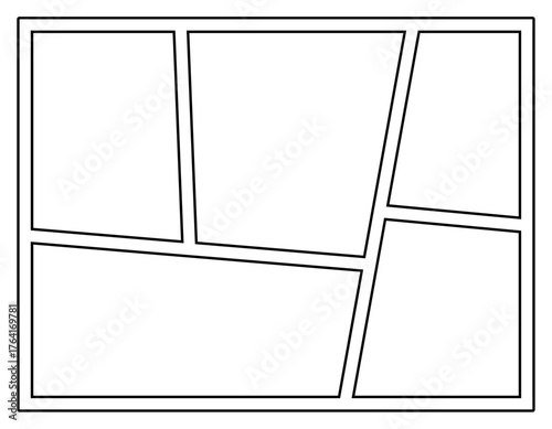 Black and white vector comic book page layout template with five different empty panels. Clean and versatile graphic element for comic art, graphic novels, cartoons, and visual storytelling projects. 